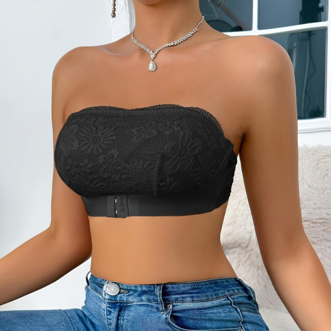 Women's Strapless Bra Floral Lace Front Closure Bra Wireless Full Coverage Tube Top Bandeau No Underwire Seamless Bralette
