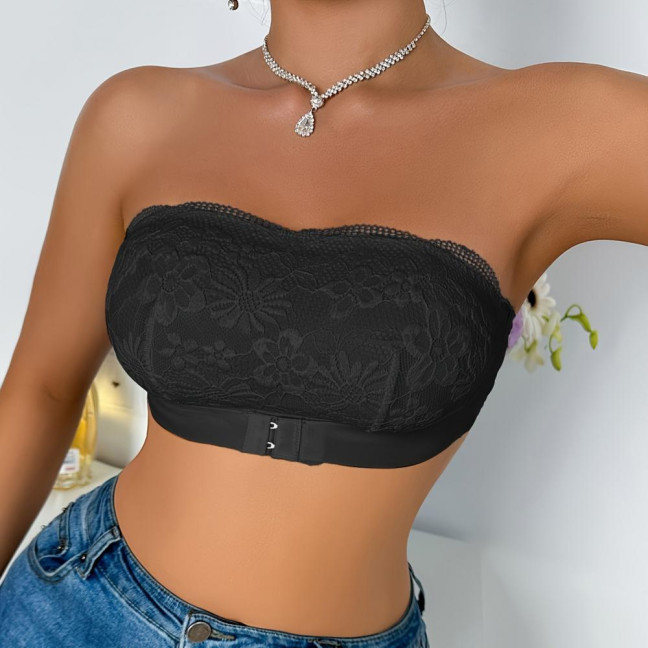 Women's Strapless Bra Floral Lace Front Closure Bra Wireless Full Coverage Tube Top Bandeau No Underwire Seamless Bralette