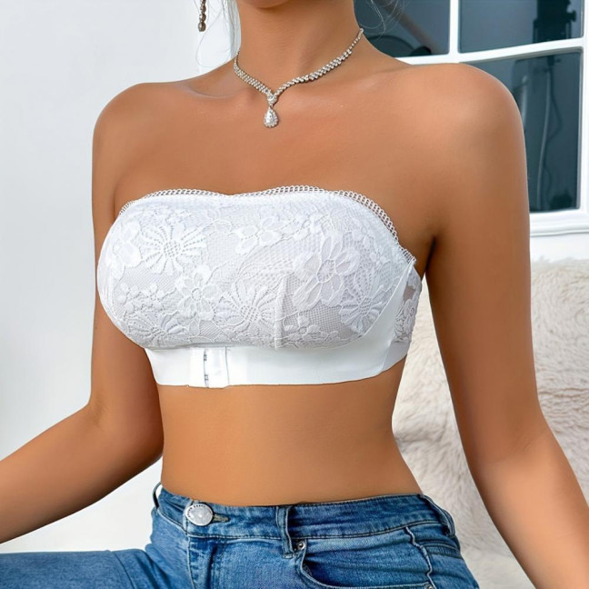 Women's Strapless Bra Floral Lace Front Closure Bra Wireless Full Coverage Tube Top Bandeau No Underwire Seamless Bralette
