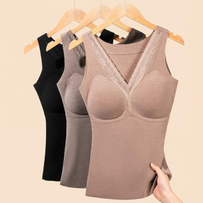 Women Thermal Tank Top Lace V Neck Fleece Lined Base Layer Thick Sleeveless Padded Undershirts Warm Camis Underwear Top for Cold Weather