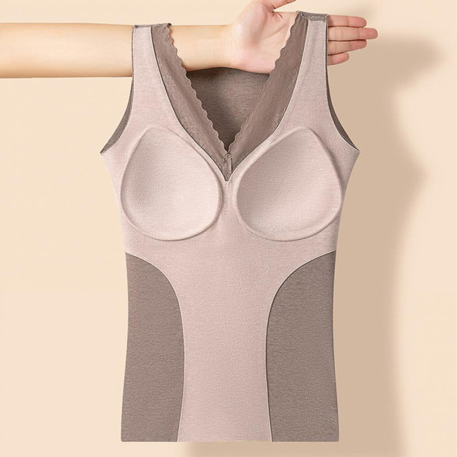 Women Thermal Tank Top Lace V Neck Fleece Lined Base Layer Thick Sleeveless Padded Undershirts Warm Camis Underwear Top for Cold Weather