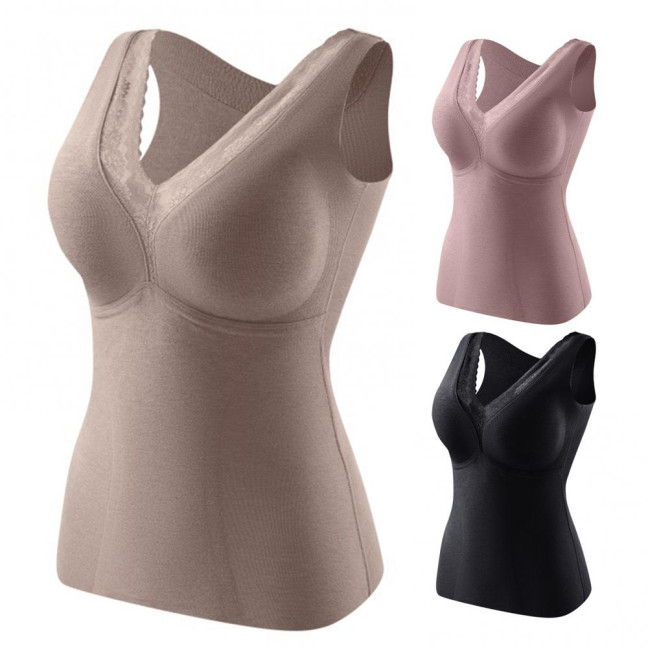 Women Thermal Tank Top Lace V Neck Fleece Lined Base Layer Thick Sleeveless Padded Undershirts Warm Camis Underwear Top for Cold Weather