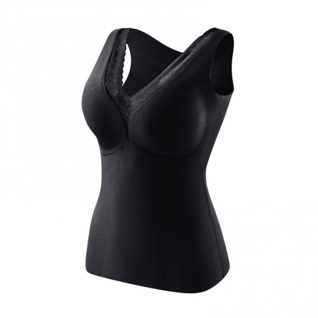 Women Thermal Tank Top Lace V Neck Fleece Lined Base Layer Thick Sleeveless Padded Undershirts Warm Camis Underwear Top for Cold Weather