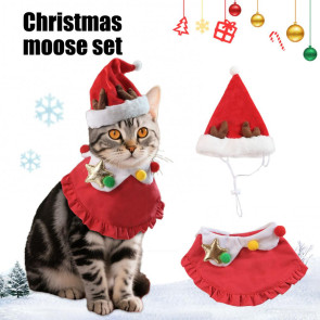 Christmas Cat Costume Set Santa Hat And Bib Collar Xmas Party Pet Outfit for Small Dogs Cats Holiday Dress-up Photography Props