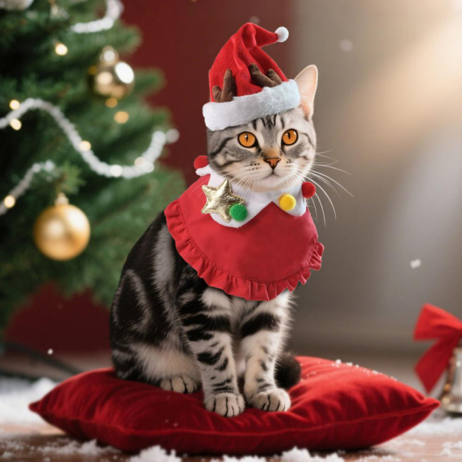 Christmas Cat Costume Set Santa Hat And Bib Collar Xmas Party Pet Outfit for Small Dogs Cats Holiday Dress-up Photography Props