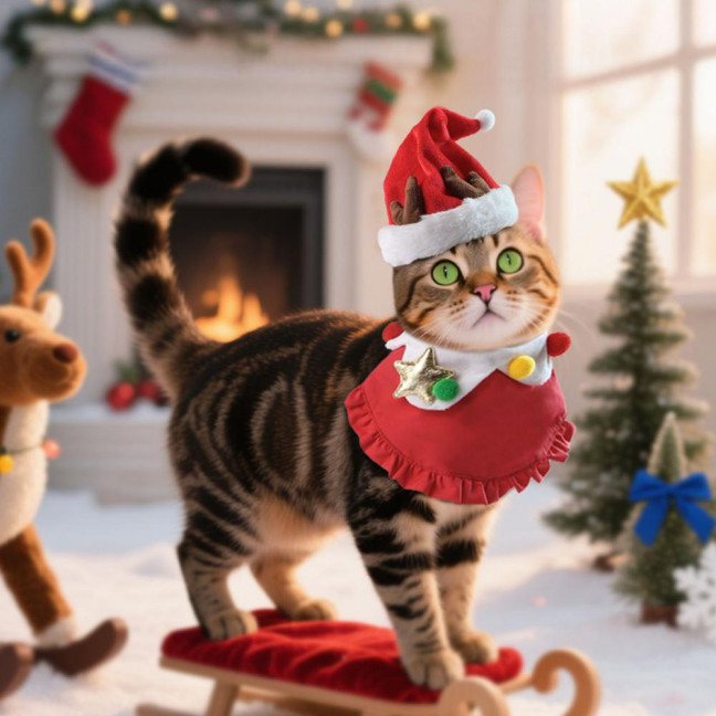 Christmas Cat Costume Set Santa Hat And Bib Collar Xmas Party Pet Outfit for Small Dogs Cats Holiday Dress-up Photography Props