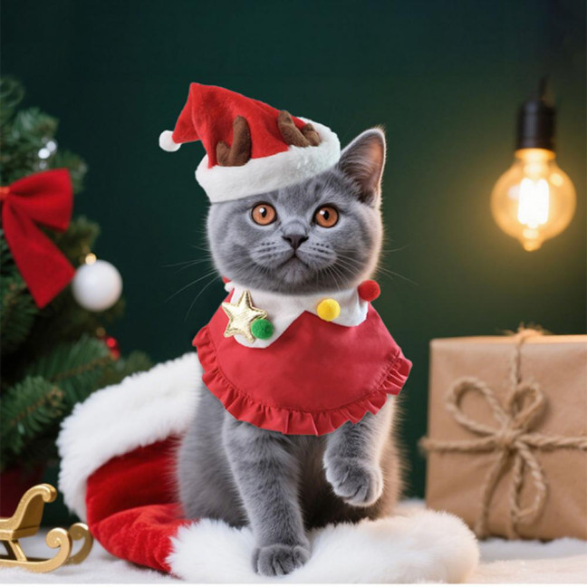 Christmas Cat Costume Set Santa Hat And Bib Collar Xmas Party Pet Outfit for Small Dogs Cats Holiday Dress-up Photography Props