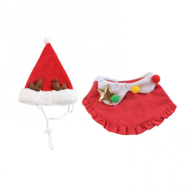 Christmas Cat Costume Set Santa Hat And Bib Collar Xmas Party Pet Outfit for Small Dogs Cats Holiday Dress-up Photography Props