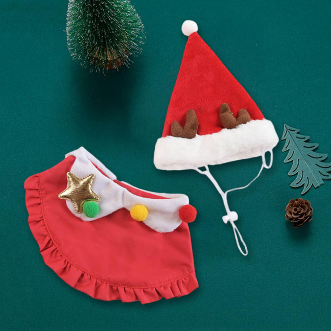 Christmas Cat Costume Set Santa Hat And Bib Collar Xmas Party Pet Outfit for Small Dogs Cats Holiday Dress-up Photography Props