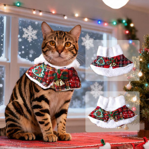 Pet Scarf Christmas Plaid Bowknot Bells Decor Plush Lining Lace-up Cat Dog Collar Holiday-themed Pet Accessory