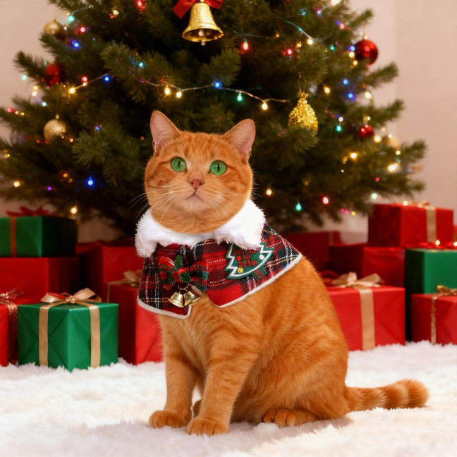 Pet Scarf Christmas Plaid Bowknot Bells Decor Plush Lining Lace-up Cat Dog Collar Holiday-themed Pet Accessory