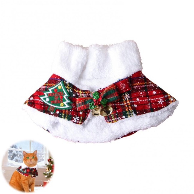 Pet Scarf Christmas Plaid Bowknot Bells Decor Plush Lining Lace-up Cat Dog Collar Holiday-themed Pet Accessory