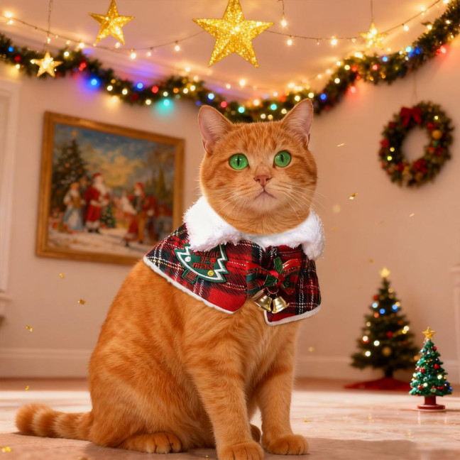 Pet Scarf Christmas Plaid Bowknot Bells Decor Plush Lining Lace-up Cat Dog Collar Holiday-themed Pet Accessory