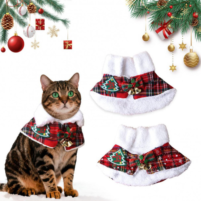 Pet Scarf Christmas Plaid Bowknot Bells Decor Plush Lining Lace-up Cat Dog Collar Holiday-themed Pet Accessory