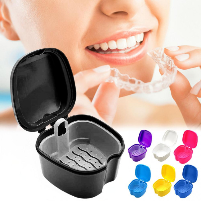 Dentures Case Portable Soaking Denture Bath Box with Strainer Basket Invisible Brace Retainer Mouth Guard Dental Aligner Container Holder 