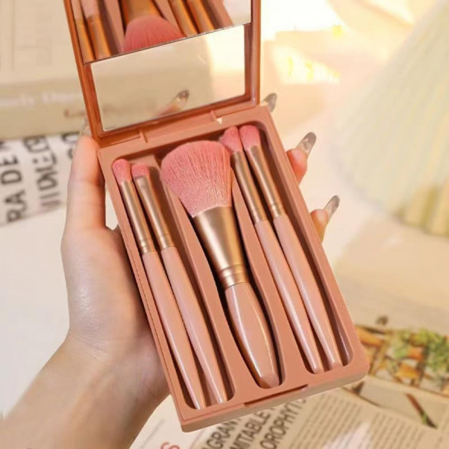 5Pcs/Set Women Makeup Brush Kit with Mirror Storage Box Professional Synthetic Eye Shadow Blush Foundations Concealer Blending Cosmetic Brush 