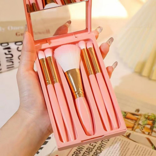 5Pcs/Set Women Makeup Brush Kit with Mirror Storage Box Professional Synthetic Eye Shadow Blush Foundations Concealer Blending Cosmetic Brush 