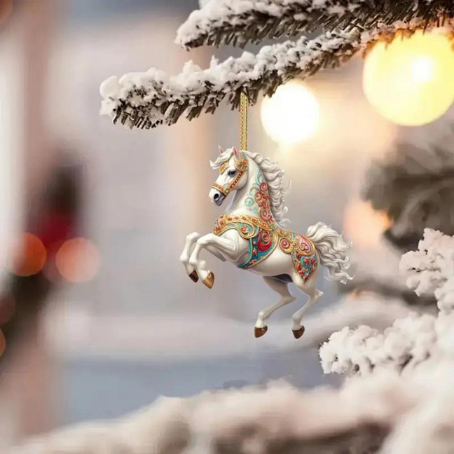 White Horse Acrylic Car Charm Christmas-Themed Ornament Car Rearview Mirror Decor Keychain Backpack Accessory