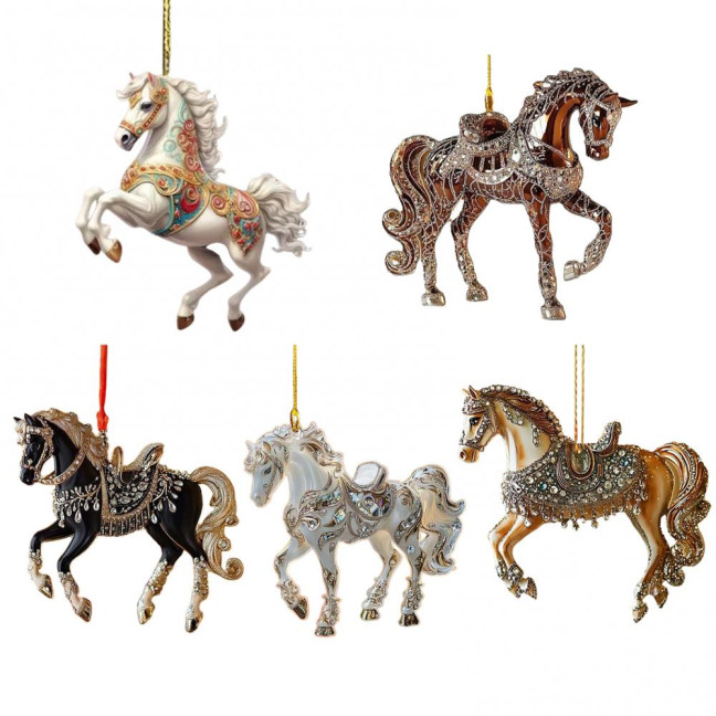 White Horse Acrylic Car Charm Christmas-Themed Ornament Car Rearview Mirror Decor Keychain Backpack Accessory