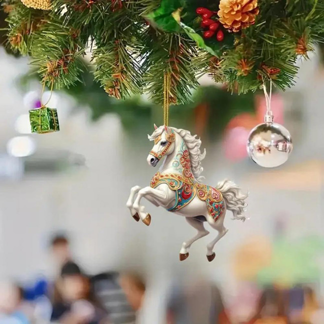 White Horse Acrylic Car Charm Christmas-Themed Ornament Car Rearview Mirror Decor Keychain Backpack Accessory