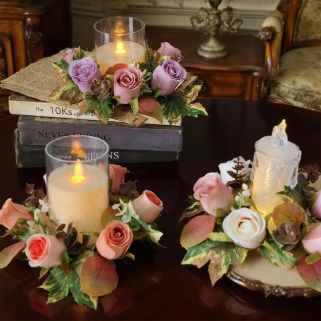 Artificial Rose Candle Ring Fake Rose Wreath with Maple Leaves Pillar Candle Wreath Table Centerpieces for Home Candlelight Dinner Wedding Party Decor Artificial Rose Candle Ring Fake Rose Wreath with Maple Leaves Pillar Candle Wreath Table Centerpieces for Home Candlelight Dinner Wedding Party Decor