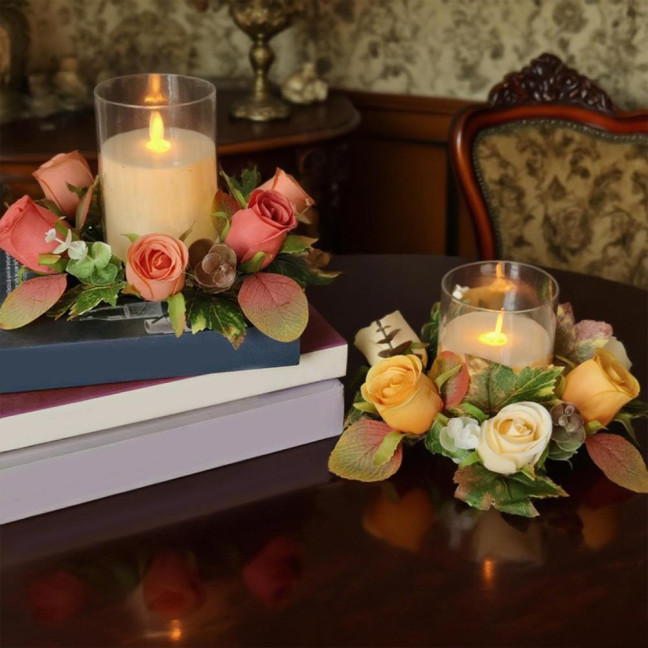 Artificial Rose Candle Ring Fake Rose Wreath with Maple Leaves Pillar Candle Wreath Table Centerpieces for Home Candlelight Dinner Wedding Party Decor Artificial Rose Candle Ring Fake Rose Wreath with Maple Leaves Pillar Candle Wreath Table Centerpieces for Home Candlelight Dinner Wedding Party Decor