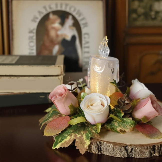 Artificial Rose Candle Ring Fake Rose Wreath with Maple Leaves Pillar Candle Wreath Table Centerpieces for Home Candlelight Dinner Wedding Party Decor Artificial Rose Candle Ring Fake Rose Wreath with Maple Leaves Pillar Candle Wreath Table Centerpieces for Home Candlelight Dinner Wedding Party Decor