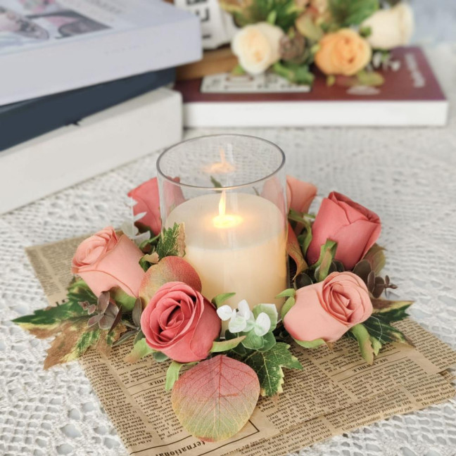 Artificial Rose Candle Ring Fake Rose Wreath with Maple Leaves Pillar Candle Wreath Table Centerpieces for Home Candlelight Dinner Wedding Party Decor Artificial Rose Candle Ring Fake Rose Wreath with Maple Leaves Pillar Candle Wreath Table Centerpieces for Home Candlelight Dinner Wedding Party Decor