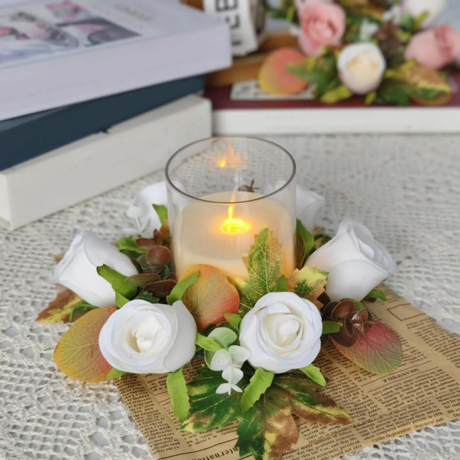 Artificial Rose Candle Ring Fake Rose Wreath with Maple Leaves Pillar Candle Wreath Table Centerpieces for Home Candlelight Dinner Wedding Party Decor Artificial Rose Candle Ring Fake Rose Wreath with Maple Leaves Pillar Candle Wreath Table Centerpieces for Home Candlelight Dinner Wedding Party Decor