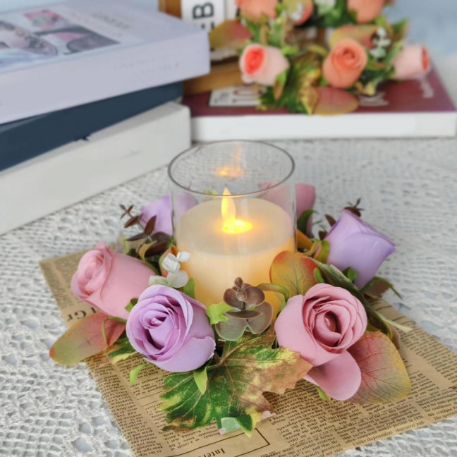 Artificial Rose Candle Ring Fake Rose Wreath with Maple Leaves Pillar Candle Wreath Table Centerpieces for Home Candlelight Dinner Wedding Party Decor Artificial Rose Candle Ring Fake Rose Wreath with Maple Leaves Pillar Candle Wreath Table Centerpieces for Home Candlelight Dinner Wedding Party Decor