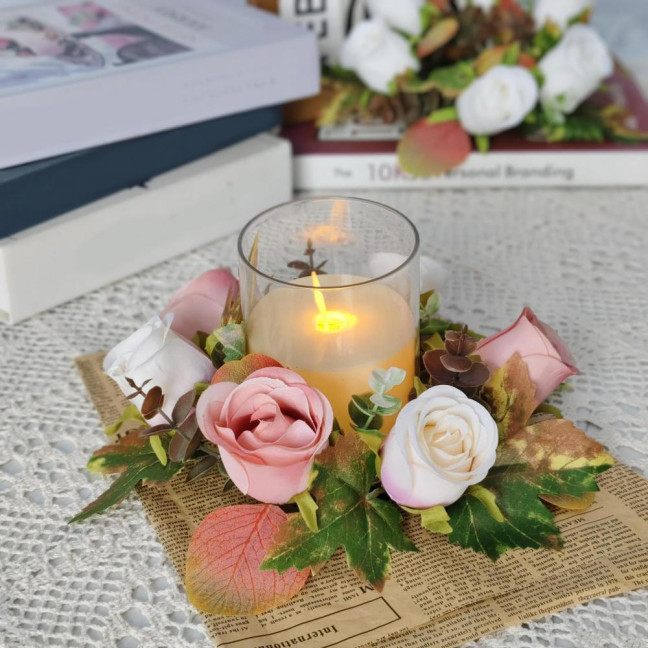 Artificial Rose Candle Ring Fake Rose Wreath with Maple Leaves Pillar Candle Wreath Table Centerpieces for Home Candlelight Dinner Wedding Party Decor Artificial Rose Candle Ring Fake Rose Wreath with Maple Leaves Pillar Candle Wreath Table Centerpieces for Home Candlelight Dinner Wedding Party Decor