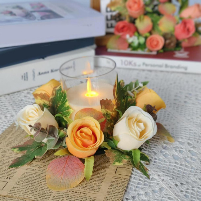 Artificial Rose Candle Ring Fake Rose Wreath with Maple Leaves Pillar Candle Wreath Table Centerpieces for Home Candlelight Dinner Wedding Party Decor Artificial Rose Candle Ring Fake Rose Wreath with Maple Leaves Pillar Candle Wreath Table Centerpieces for Home Candlelight Dinner Wedding Party Decor