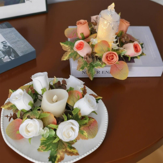 Artificial Rose Candle Ring Fake Rose Wreath with Maple Leaves Pillar Candle Wreath Table Centerpieces for Home Candlelight Dinner Wedding Party Decor Artificial Rose Candle Ring Fake Rose Wreath with Maple Leaves Pillar Candle Wreath Table Centerpieces for Home Candlelight Dinner Wedding Party Decor