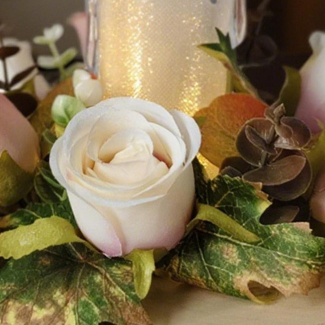 Artificial Rose Candle Ring Fake Rose Wreath with Maple Leaves Pillar Candle Wreath Table Centerpieces for Home Candlelight Dinner Wedding Party Decor Artificial Rose Candle Ring Fake Rose Wreath with Maple Leaves Pillar Candle Wreath Table Centerpieces for Home Candlelight Dinner Wedding Party Decor