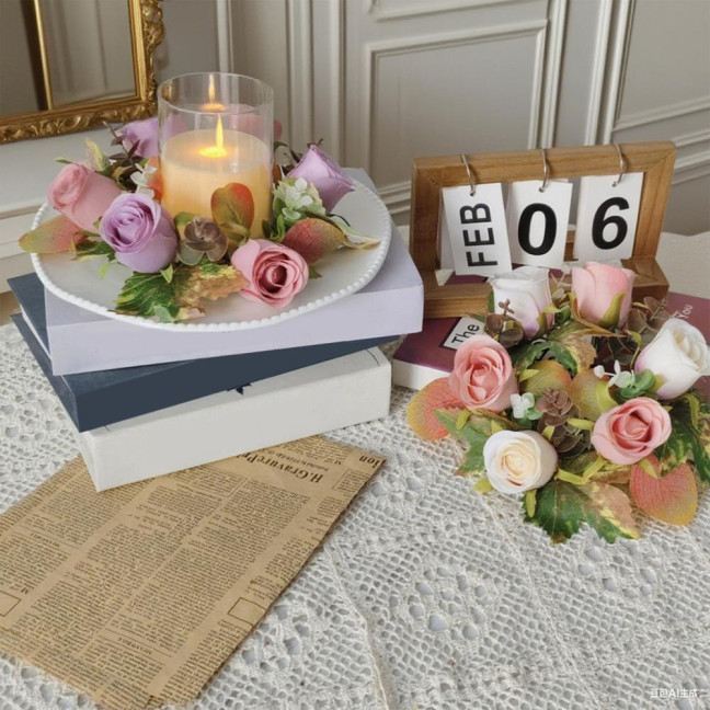 Artificial Rose Candle Ring Fake Rose Wreath with Maple Leaves Pillar Candle Wreath Table Centerpieces for Home Candlelight Dinner Wedding Party Decor Artificial Rose Candle Ring Fake Rose Wreath with Maple Leaves Pillar Candle Wreath Table Centerpieces for Home Candlelight Dinner Wedding Party Decor