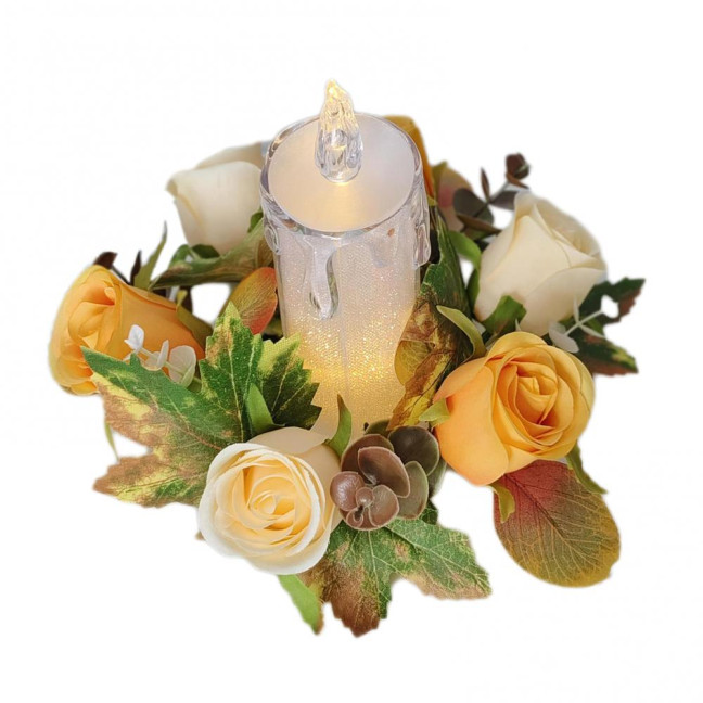 Artificial Rose Candle Ring Fake Rose Wreath with Maple Leaves Pillar Candle Wreath Table Centerpieces for Home Candlelight Dinner Wedding Party Decor Artificial Rose Candle Ring Fake Rose Wreath with Maple Leaves Pillar Candle Wreath Table Centerpieces for Home Candlelight Dinner Wedding Party Decor