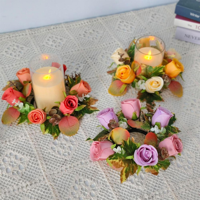Artificial Rose Candle Ring Fake Rose Wreath with Maple Leaves Pillar Candle Wreath Table Centerpieces for Home Candlelight Dinner Wedding Party Decor Artificial Rose Candle Ring Fake Rose Wreath with Maple Leaves Pillar Candle Wreath Table Centerpieces for Home Candlelight Dinner Wedding Party Decor