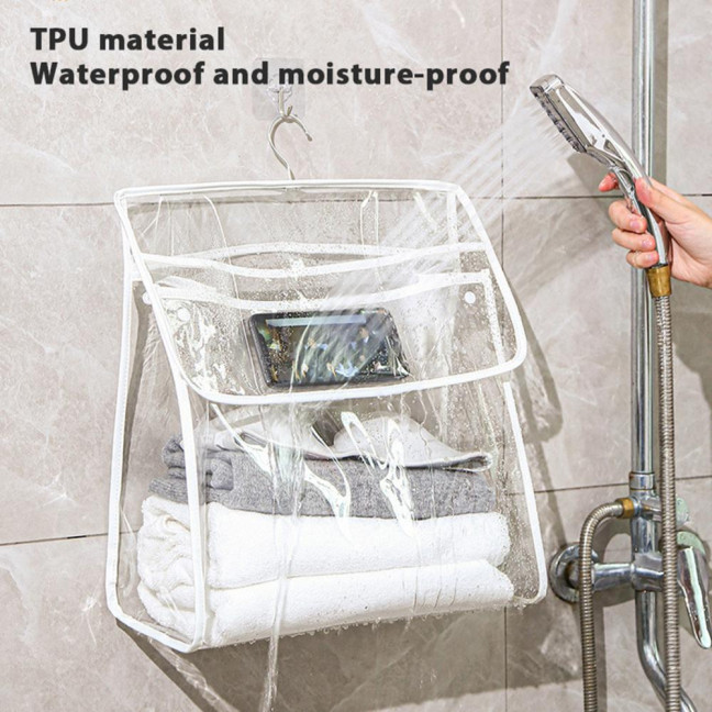 Waterproof Shower Clothes Bag Transparent Bathroom Storage Bag Hanging Storage Pouch with Hook for Mobile Phone Dry Clothes Towel Dorms RVs