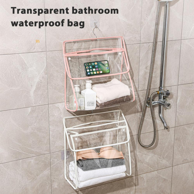 Waterproof Shower Clothes Bag Transparent Bathroom Storage Bag Hanging Storage Pouch with Hook for Mobile Phone Dry Clothes Towel Dorms RVs