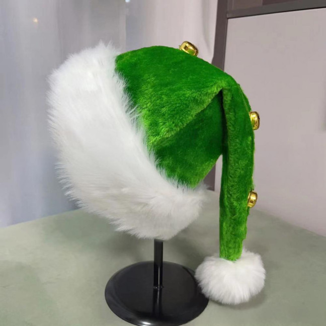 Unisex Velvet Santa Hat with Bells Green/Red Fluffy Christmas Hat with Pompom Ball for Holiday New Year Party Supplies