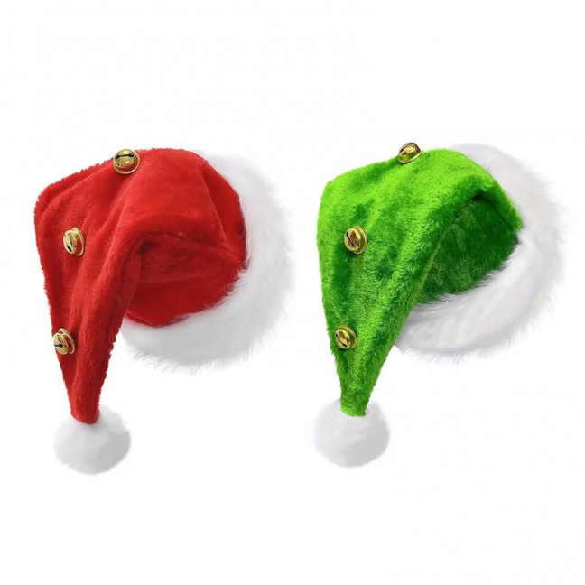 Unisex Velvet Santa Hat with Bells Green/Red Fluffy Christmas Hat with Pompom Ball for Holiday New Year Party Supplies