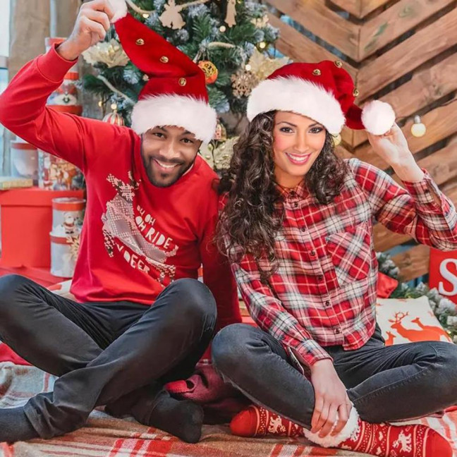 Unisex Velvet Santa Hat with Bells Green/Red Fluffy Christmas Hat with Pompom Ball for Holiday New Year Party Supplies