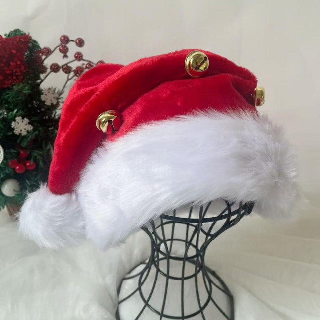 Unisex Velvet Santa Hat with Bells Green/Red Fluffy Christmas Hat with Pompom Ball for Holiday New Year Party Supplies