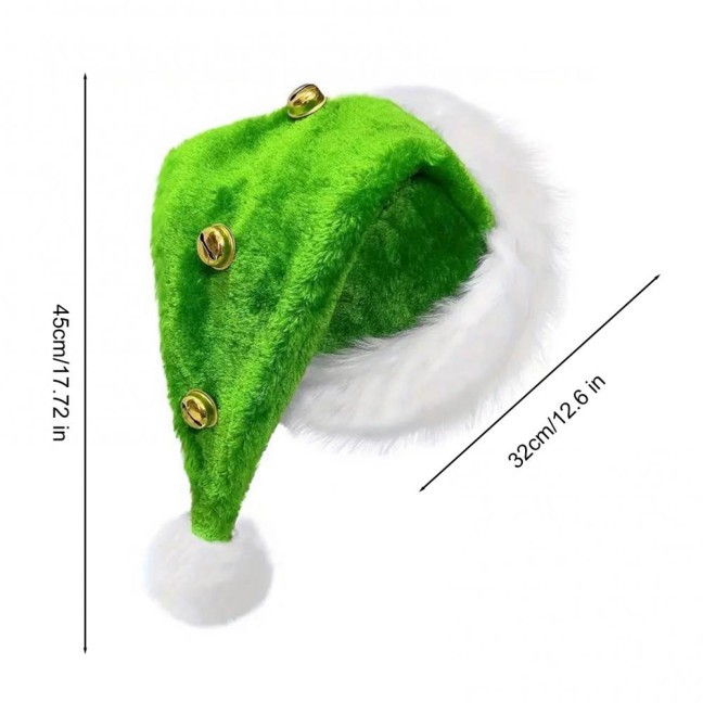 Unisex Velvet Santa Hat with Bells Green/Red Fluffy Christmas Hat with Pompom Ball for Holiday New Year Party Supplies