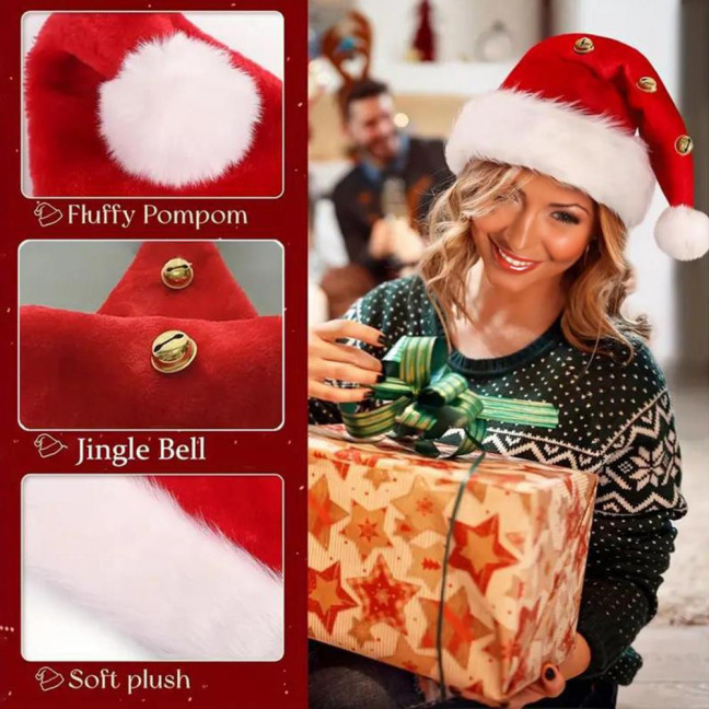 Unisex Velvet Santa Hat with Bells Green/Red Fluffy Christmas Hat with Pompom Ball for Holiday New Year Party Supplies