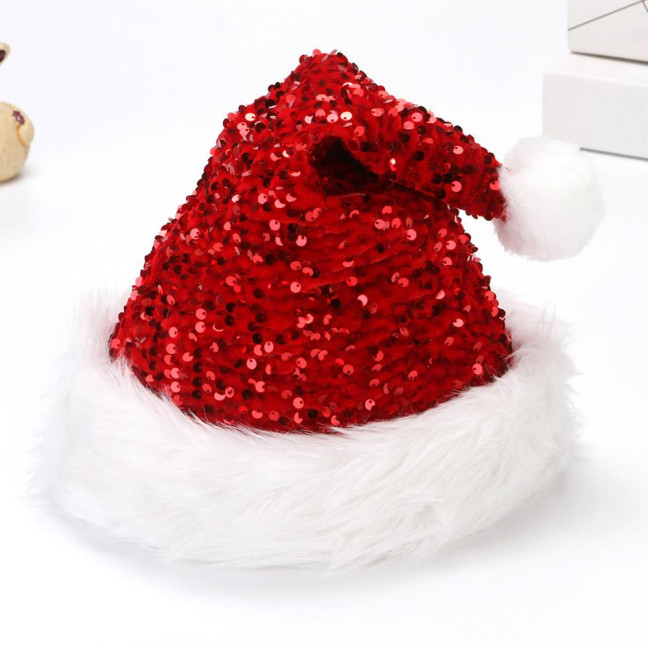 Christmas Sequin Santa Hat for Adults Unisex Glittery Sparkly Holiday Hat with Fluffy Pompom for New Year Xmas Party Supplies