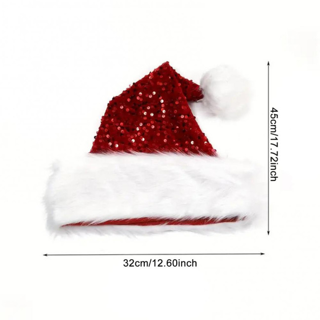 Christmas Sequin Santa Hat for Adults Unisex Glittery Sparkly Holiday Hat with Fluffy Pompom for New Year Xmas Party Supplies