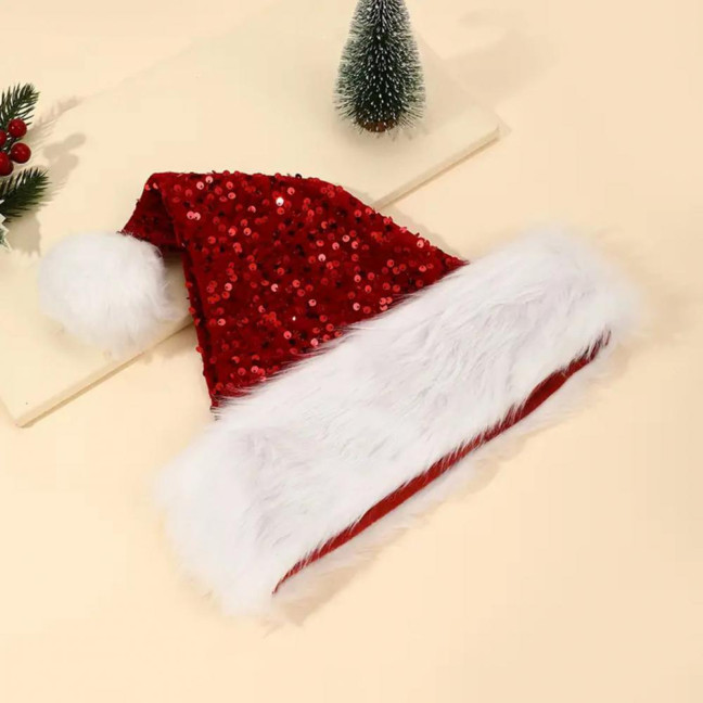Christmas Sequin Santa Hat for Adults Unisex Glittery Sparkly Holiday Hat with Fluffy Pompom for New Year Xmas Party Supplies