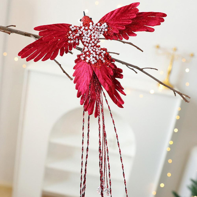 Artificial Glitter Birds Christmas Tree Ornament Realistic Long Tail Hummingbird with Faux Pearl for Holiday Wedding Party Xmas Tree Garland Wreath Decor 