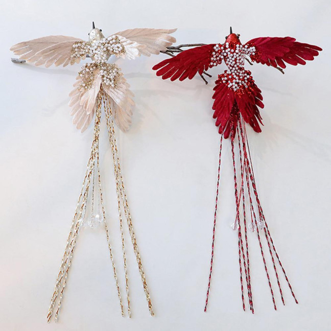 Artificial Glitter Birds Christmas Tree Ornament Realistic Long Tail Hummingbird with Faux Pearl for Holiday Wedding Party Xmas Tree Garland Wreath Decor 